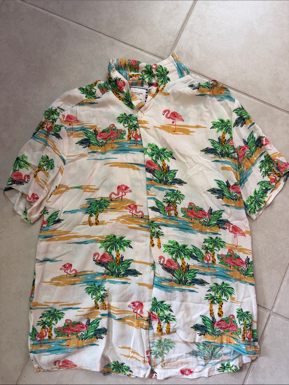 Denim & Flower White Short-Sleeve Flamingo Print Button-Down Shirt